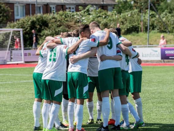 The Rocks have a pre-season huddle at Worthing / Picture by Tommy McMillan
