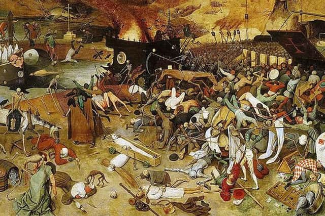 A section from Flemish artist Pieter Bruegels The Triumph of Death. The painting reflects the terror brought by the Black Death that killed millions in Medieval Europe.