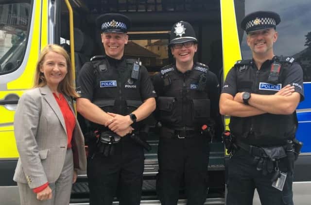 Police crime commissioner Katy Bourne with special constable Adam Godden, PC Ed Faulkner and PC Scott Franklin-Lester