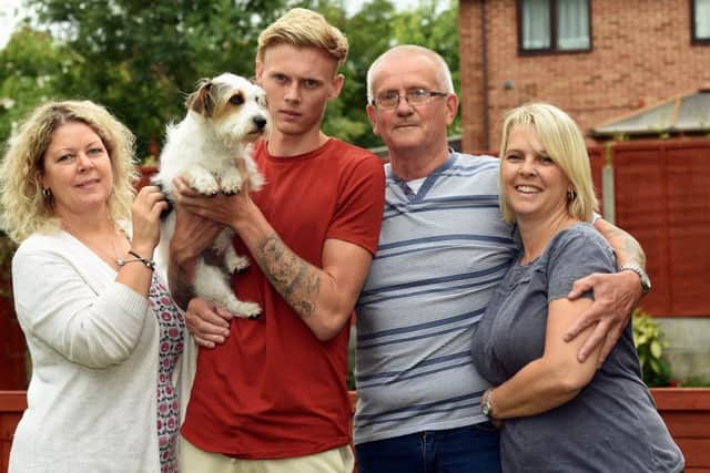 Rescue Dog

Maisie, the three year old Jack Russell raised the alarm by running a mile to her owners daughters house, when her owner, Judie Cable got knocked over by a cyclist and suffered a fractured skull. 

Pictured are L-R Jacki Brailey (owners daughter), Ryan Maddison(22) owners grandson, Maisie, Chris Cable (owners husband) and  Madeline Maddison (daughter, Maisie ran to, to raise the alarm).

Horsham, West Sussex.
Picture: Liz Pearce 24/07/2017
LP170462 SUS-170724-184245008