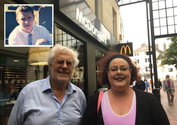 Carrie Robson and her father Phil outside the McDonald's restaurant in Liverpool Road, Worthing. Inset: Jordan Luxford, who collapsed outside the restaurant