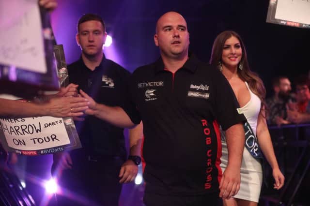 Rob Cross makes his way to the stage during the BetVictor World Matchplay in Blackpool last week. Picture courtesy Lawrence Lustig, PDC