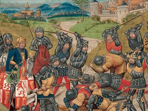 The English and the French slug it out in battle during the so-called 100 Years War that actually lasted considerably longer: 1337 to 1453. This painting is attributed to Frenchman Jean Froissart who also penned a contemporary history of the conflict.