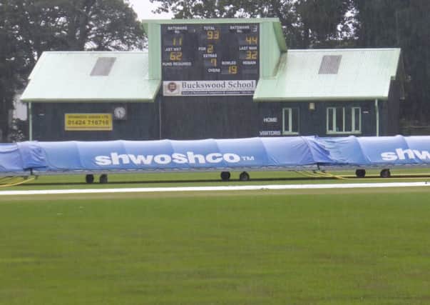 The covers are on and the rain is lashing down as Hastings Priory's match at home to Cuckfield at Horntye Park is abandoned last weekend.