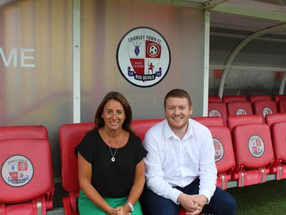 Operations Director Kelly Derham alongside Commercial and Communities Manager Joe Comper 
Picture courtesy of Crawley Town FC