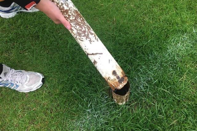 The damage caused to Angmering Football Club's goal posts. Picture: Angmering Footbal Club Twitter
