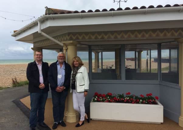Councillor Alex Harman, councillor Keith Bickers and Lynette Bickers at the new Windsor Lawns shelter. Picture: Worthing Borough Council