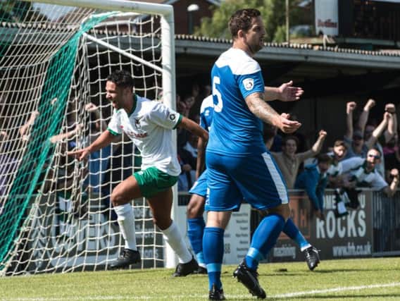 Alex Parsons turns to celebrate his goal versus Bath City / Picture by Tommy McMillan