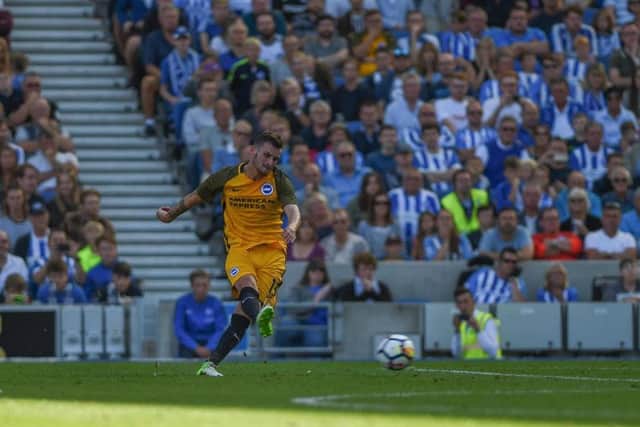 Pascal Gross' deflected free kick sees Albion level the score at 1-1 against Atletico Madrid. Picture by PW Sporting Pics