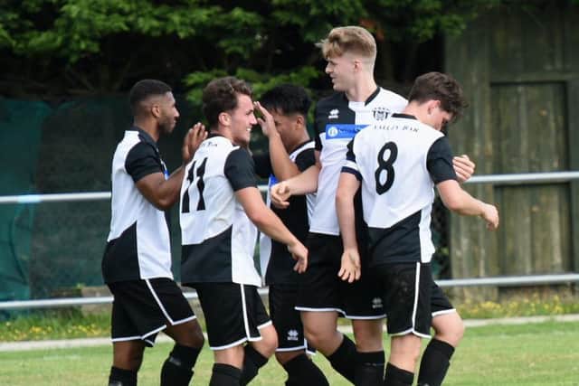 East Preston players celebrate a goal on Saturday. Picture by Liz Pearce LP170625