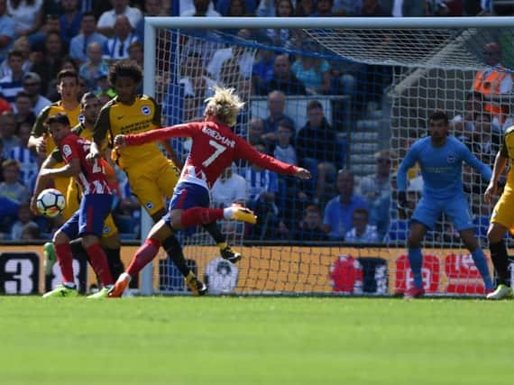 Antoine Griezmann fires in a shot. Picture by Phil Westlake (PW Sporting Photography)