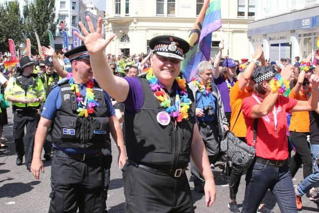 Pride was supported by the emergency services, with Sussex Police Chief Constable Giles York getting involved in the festivities (Photograph: Eddie Mitchell)