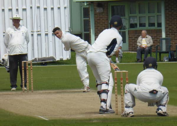 Jed O'Brien bowling for Hastings Priory during last weekend's win at home to Preston Nomads. Picture by Simon Newstead