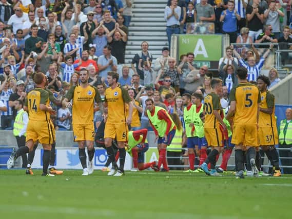 Albion players and fans celebrate a goal against Atletico Madrid. Picture by Phil Westlake (PW Sporting Photography)