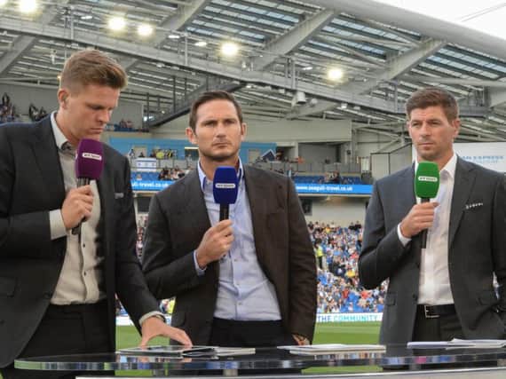 Steven Gerrard (right) with Jake Humphrey and Frank Lampard at the Amex. Picture by Phil Westlake (PW Sporting Photography)