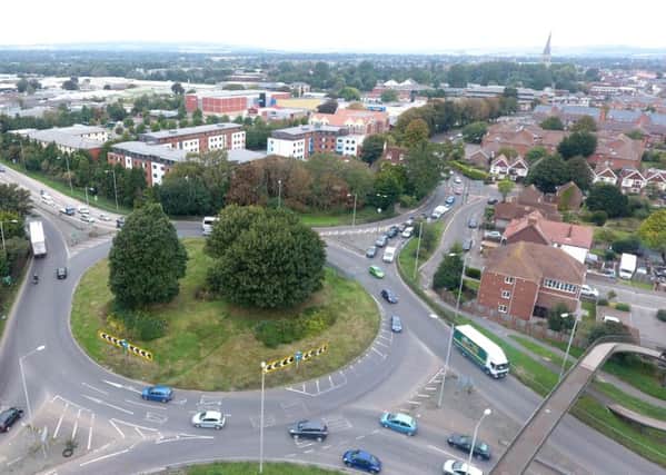An aerial view of Stockbridge Roundabout showing the old footbridge just to the east. Eddie Mitchell