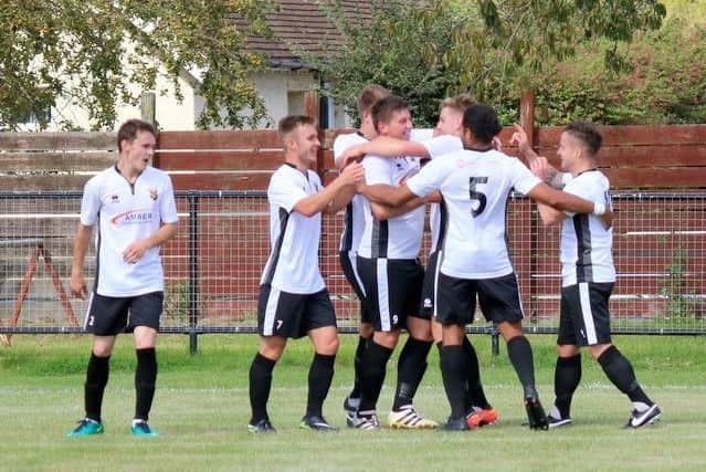 Goal celebrations for Pagham against Horsham YMCA / Picture by Roger Smith