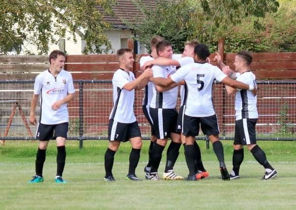 Goal celebrations for Pagham against Horsham YMCA / Picture by Roger Smith