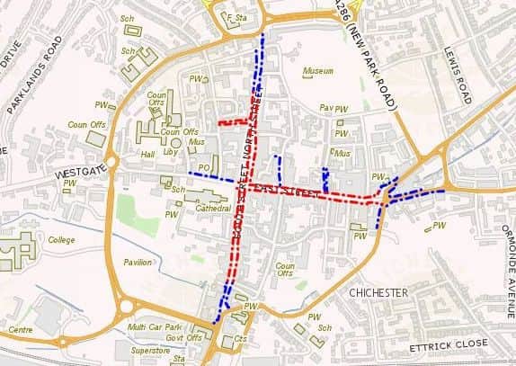 A map of Chichester city centre showing the primary and secondary shopping areas, highlighted in red and blue respectively. Map courtesy of the Chichester District Council website.