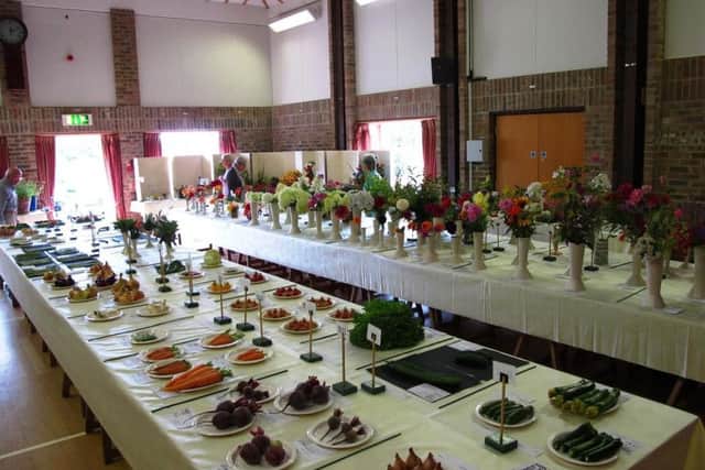 Flowers and vegetables on display in Lodsworth Village Hall