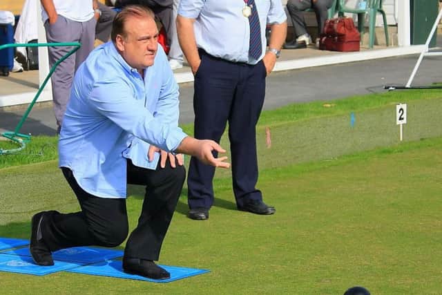 Mark Gardiner, from the tournament's principal sponsor Croft Glass, delivers a bowl at the start of the tournament. Picture courtesy Bob Bogie