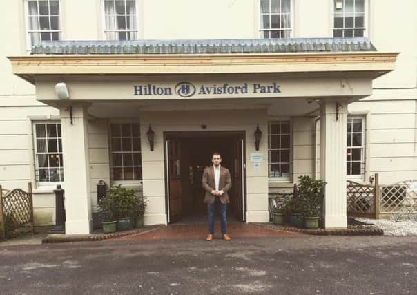 Nathan Abbott outside Hilton Avisford Park, Arundel - the venue for the Dress in Style to Raise a Smile charity gala