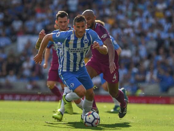 Tomer Hemed on the run against Manchester City. Picture by Phil Westlake (PW Sporting Photography)