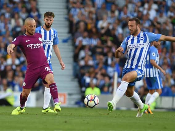 Glenn Murray closes down David Silva on Saturday. Picture by Phil Westlake (PW Sporting Photography)
