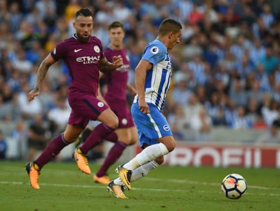 Anthony Knockaert in action against Manchester City. Picture by Phil Westlake (PW Sporting Photography)