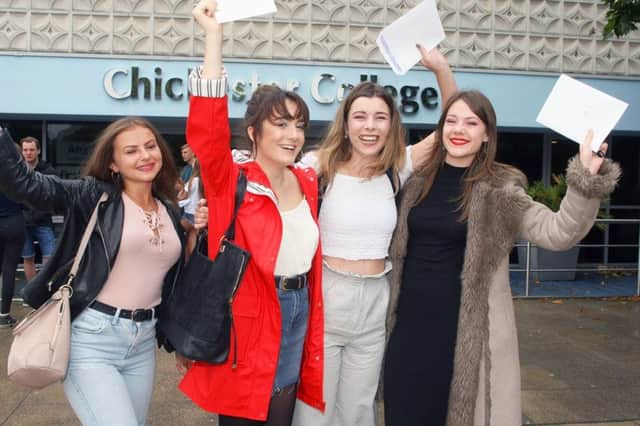DM17840542.jpg Chichester College A-level results 2017. L to R Chloe Boniface, Georgia Biggs, Carys Gwilym and Fi Marshall all aged 18. Photo by Derek Martin SUS-170817-122246008
