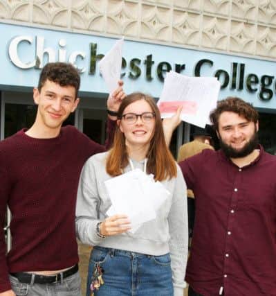 DM17840524.jpg Chichester College A-level results 2017. L to R Bailey Franke, 18, Becky Budd, 18 and Alec Fidler, 19. Photo by Derek Martin SUS-170817-122235008
