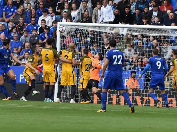 Harry Maguire heads home Leicester's second goal. Picture by Phil Westlake (PW Sporting Photography)