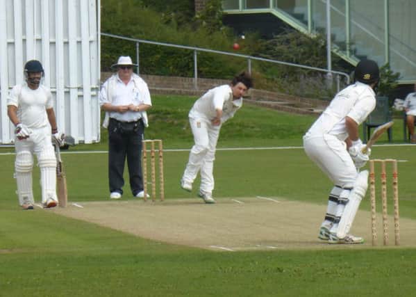 Hastings Priory all-rounder Finn Hulbert bowling to Roffey opening batsman Theodore Rivers. Pictures by Simon Newstead