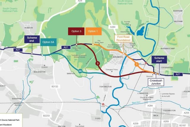 The three routes for possible A27 improvement at Arundel have been published. Picture: Highways England