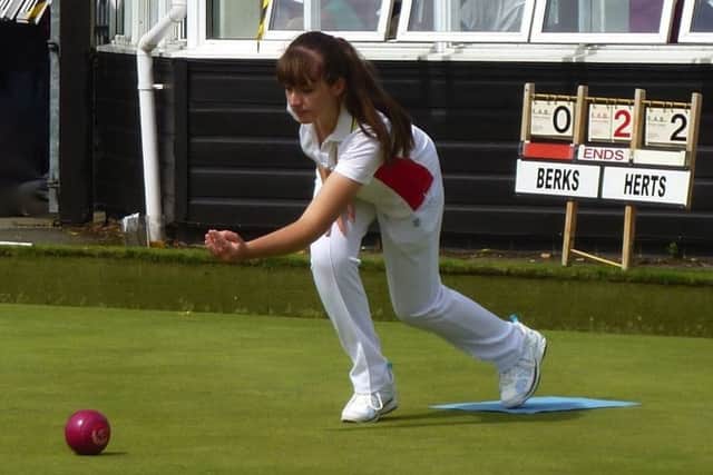 Emma Cooper delivers a wood at the Bowls England National Championships.