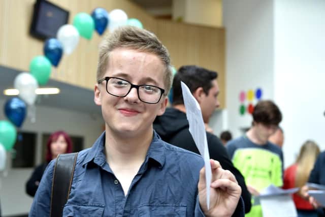Curtis Pilsworth from BACA in Brighton happy with his GCSE results (Photograph:  Simon Dack/Vervate)