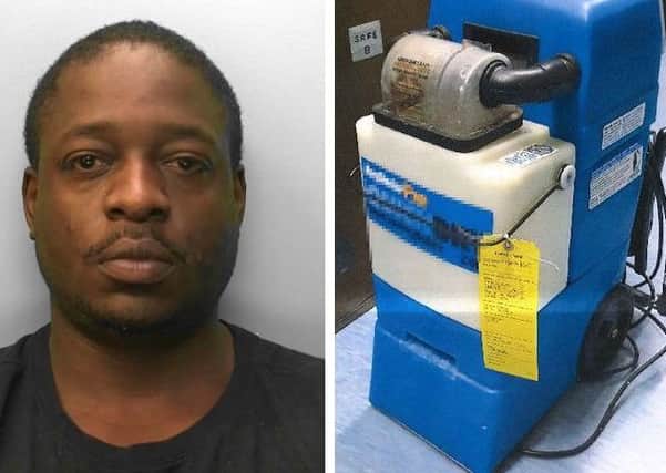 Shingayi Bayayi (left) was caught concealing cocaine in a carpet cleaning machine (right). Picture: Sussex Police