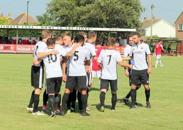 Pagham celebrate a goal last week against Peacehaven - and there were similar scenes as they scored three in defeat at Carshalton / Picture by Roger Smith