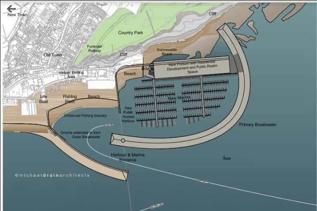 An initial concept diagram of the Hastings Harbour Quarter. Image copyright Michael Drain Architects Ltd. SUS-170109-092237001