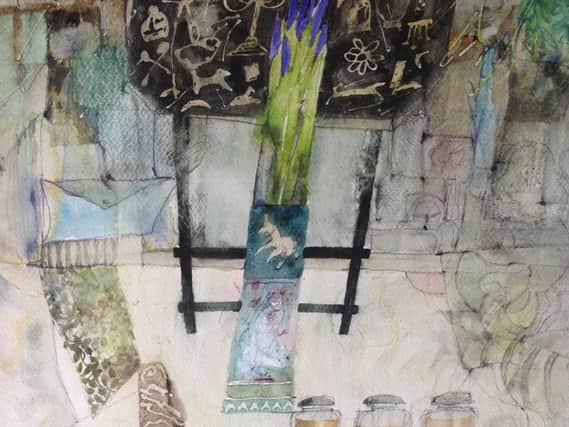 Sussex Watercolour: 'Iris Buds against a Folding Table' by Shirley Trevena