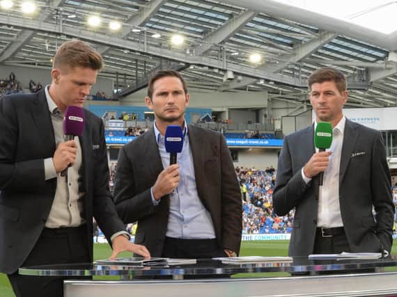 Frank Lampard pictured with Jake Humphrey and Steven Gerrard at the Amex. Picture by Phil Westlake (PW Sporting Photography)