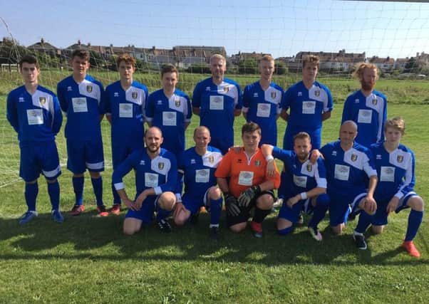 The Sedlescombe Rangers Football Club third team in its new kit sponsored by Brain Injury Services, Battle.