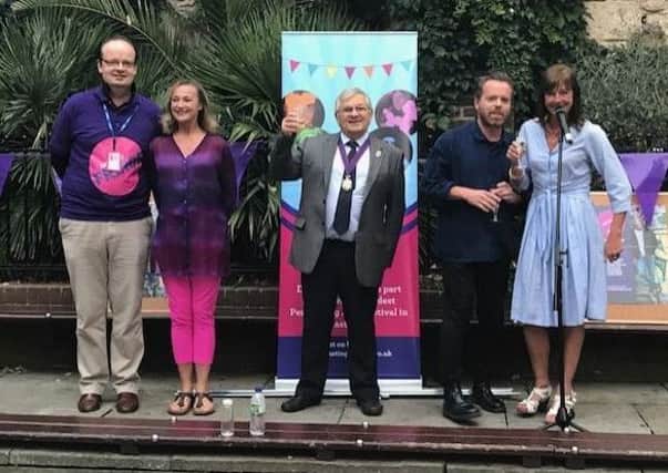 Hastings Fringe launch at Butlers Gap on Thursday 31 August
(l-r):Project Coordinator Steve Scott; Artistic Director Heather Alexander; Deputy Mayor Nigel Sinden; and
Patrons Doon Mackichan and Dave Brown. SUS-170609-173535001