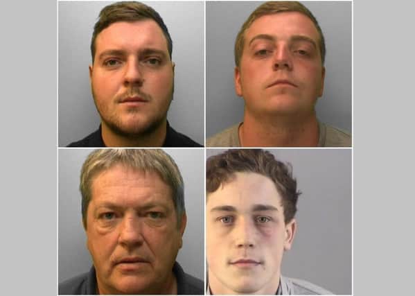 Calum Adams (top right), Sheridan Hawkes (top left), Oliver Holmes (bottom right), and Glen Rogan (bottom left) have been jailed. Pictures supplied by Sussex Police