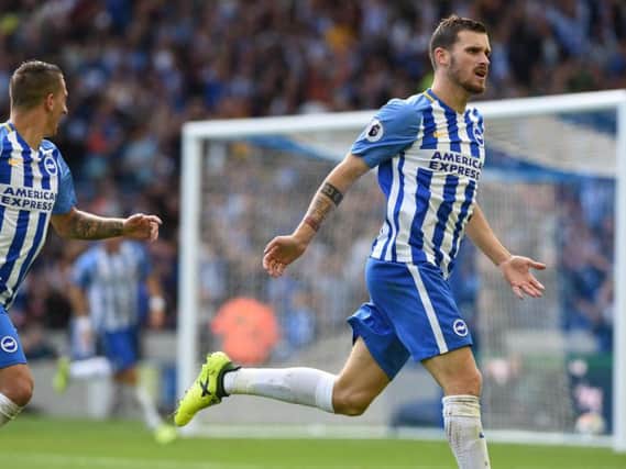 Two-goal hero Pascal Gross celebrates his and Brighton & Hove Albion's second goal against West Brom. Picture by PW Sporting Pics