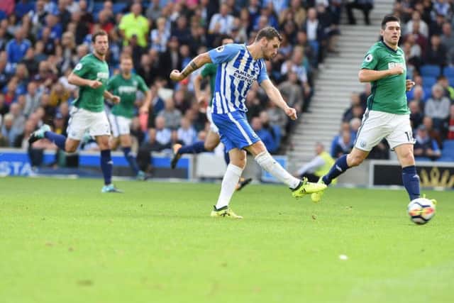 Pascal Gross fires home his and Brighton & Hove Albion's second goal against West Brom. Picture by PW Sporting Pics