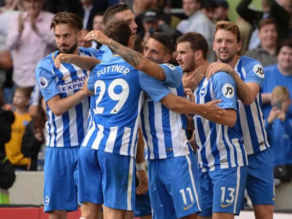 Brighton celebrate Pascal Gross' second goal. Picture by Phil Westlake (PW Sporting Photography)