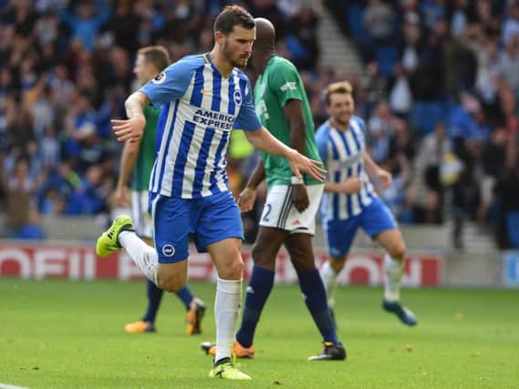 Pascal Gross celebrates his second goal against West Brom. Picture by Phil Westlake (PW Sporting Photography)