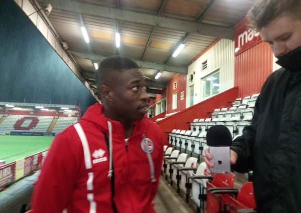 Crawley Town striker Ibrahim Meite being interviewed after making his first start at Stevenage. Picture by Graham Carter SUS-170913-123708002
