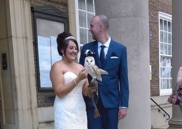 Kelly Horner and James Davies hired an owl for their wedding at Worthing Town Hall
